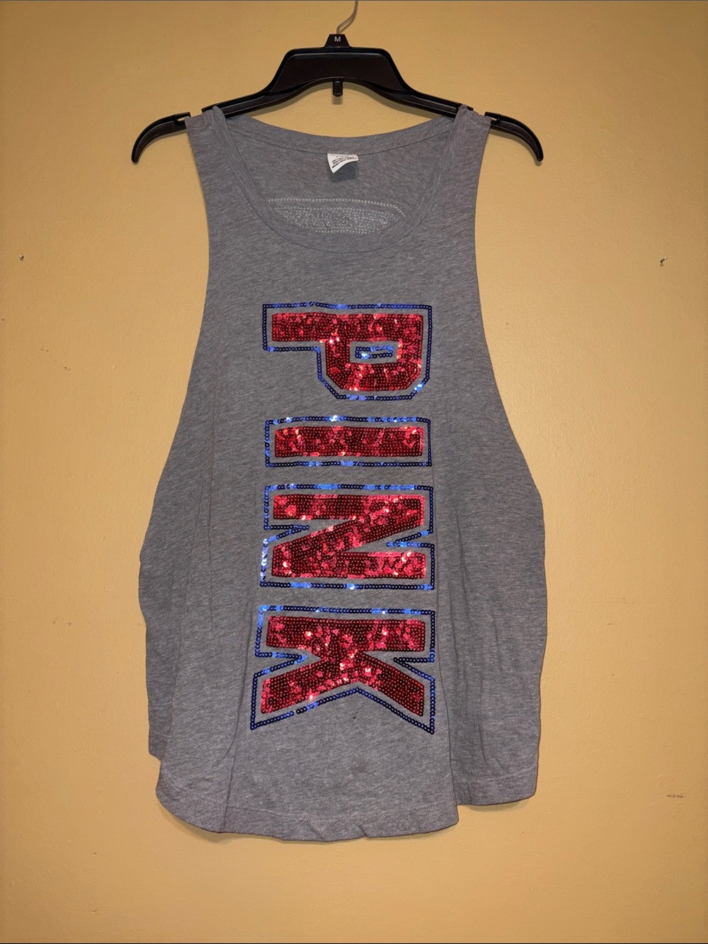 Victoria's Secret Medium Grey Sequin 'PINK' Tank Top USA July 4 Shiny Seqins